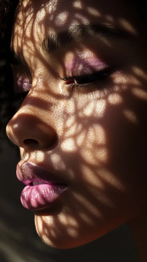 Close-up of a woman's face, partially obscured by the shadow of a lacy pattern cast on her skin.  Her eyes are closed, and she wears mauve-toned eyeshadow and lipstick. The lighting highlights the texture of her skin and the intricate lacework shadow. The overall mood is sensual and mysterious, with a focus on the interplay of light and shadow.