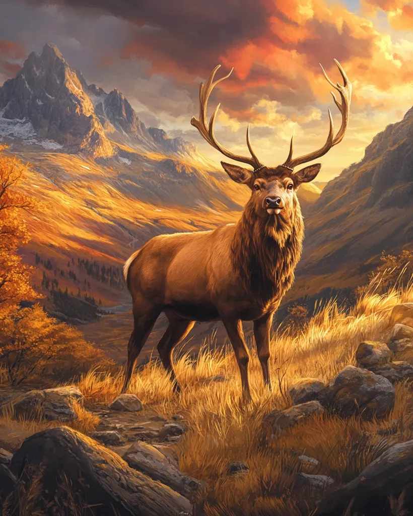 A majestic stag stands proudly in a breathtaking mountain landscape.  Golden hour light bathes the scene, illuminating the rich autumnal colors of the grasses and distant hills.  The stag's antlers are large and impressive, silhouetted against a fiery sunset sky.  Rugged mountains form a dramatic backdrop, adding to the powerful and serene atmosphere of the painting.  The overall feeling is one of wild beauty and untamed nature.