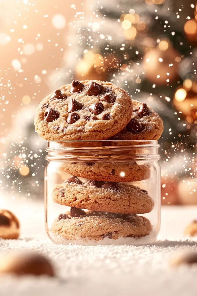 A mason jar sits on a snowy surface, filled with a stack of four warm, chocolate chip cookies dusted with powdered sugar. The cookies are golden-brown, with visible chocolate chips throughout.  The background is a softly blurred festive scene of Christmas lights and falling snow, creating a cozy and inviting atmosphere. The overall image evokes feelings of warmth, comfort, and the holiday season.