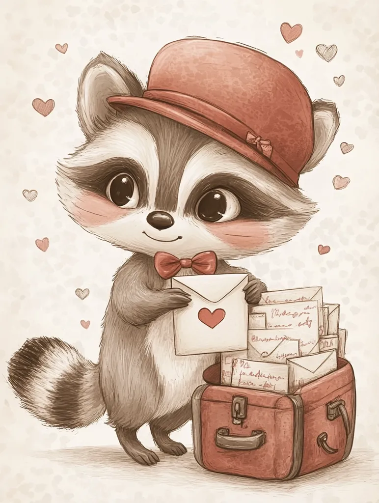 Here's a description of the image:

An adorable cartoon raccoon, wearing a red hat and bow tie, holds a love letter.  The raccoon's expression is sweet and gentle.  It stands beside a small, red suitcase overflowing with more letters, suggesting a mail delivery service or a Valentine's Day theme.  The background features a soft, beige tone with scattered hearts, enhancing the romantic and charming atmosphere. The overall style is reminiscent of vintage children's book illustrations or sepia-toned artwork.