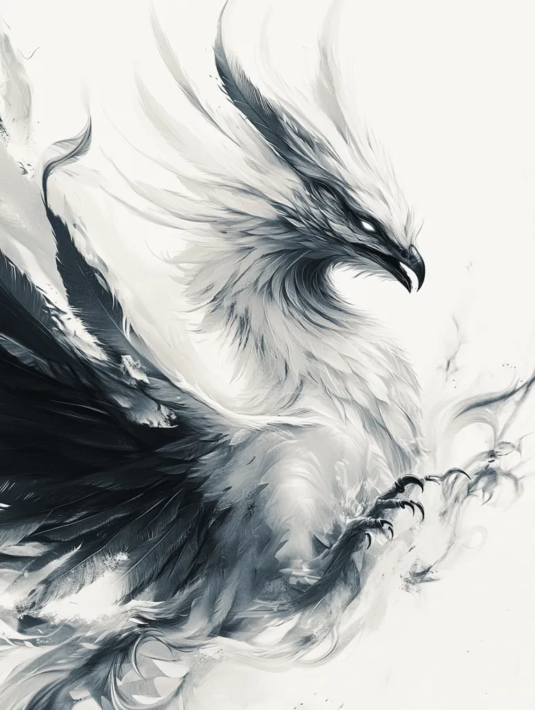The image is a stylized depiction of a mythical creature, possibly a phoenix or griffin.  Rendered in shades of grey and white, it features a bird-like form with large, expressive eyes and powerful talons. Its feathers are depicted with a dynamic, almost abstract quality, creating a sense of movement and ethereal beauty.  The background is a hazy white, allowing the creature's form to dominate the composition. The overall effect is both majestic and slightly unsettling, suggesting both power and a touch of otherworldly mystery.