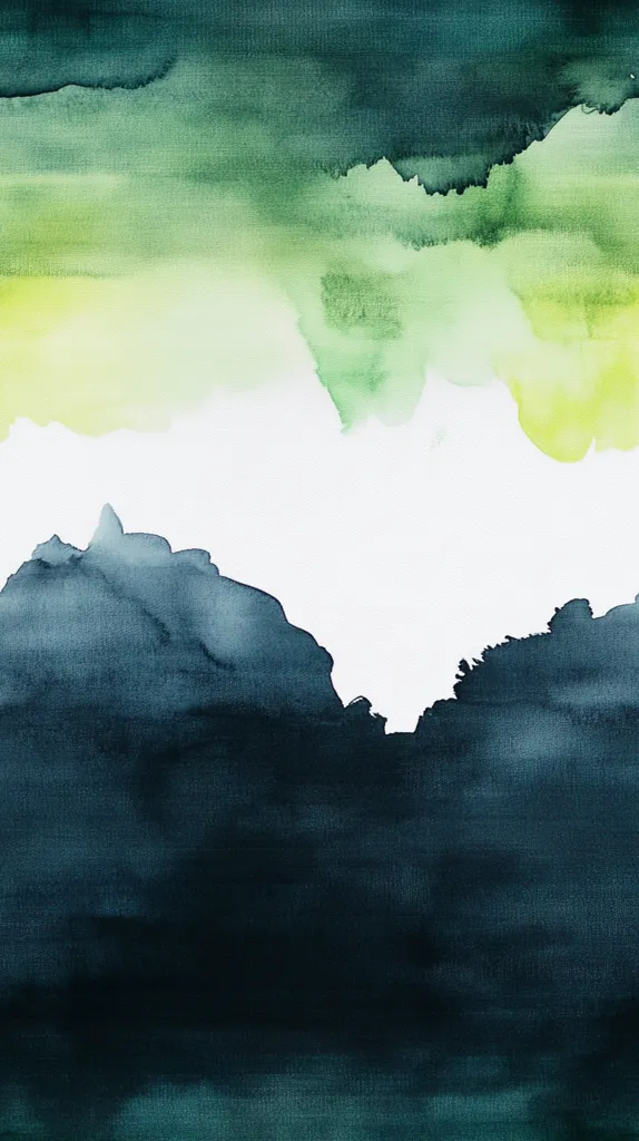 Here's a description of the image:

The image is an abstract watercolor painting.  The top half features a gradient of muted greens, transitioning from a deep teal at the top to a pale yellow-green at the bottom.  This is separated by a white space from the bottom half, which is dominated by dark teal and deep blue-gray, creating the impression of a landscape with mountains or hills. The overall style is minimalist and evokes a sense of calm and serenity. The colors are blended softly, with no harsh lines, resulting in a peaceful and ethereal atmosphere.