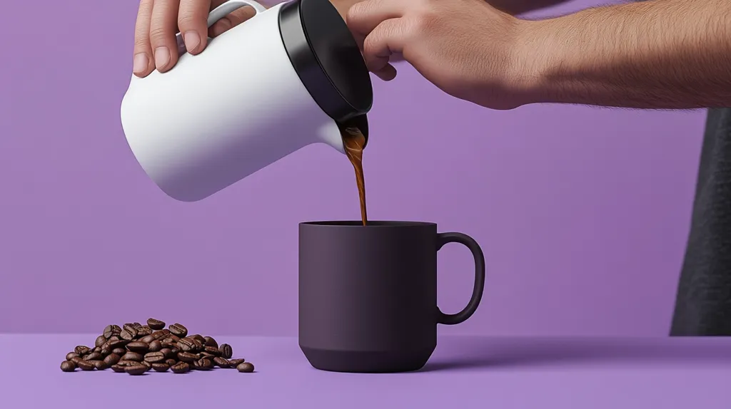 A person pours dark coffee from a white French press into a dark purple mug on a purple surface.  A small pile of coffee beans sits nearby. The scene is minimalist and clean, with a focus on the simple act of making coffee.  The color palette is muted and calming, emphasizing the rich color of the coffee. The image suggests a quiet, peaceful moment.