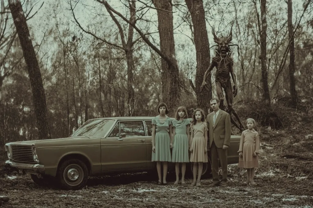 A sepia-toned image depicts a family of five standing beside a vintage car in a dark forest. The parents and three daughters are dressed in period-appropriate clothing. Behind them, a towering, monstrous figure with antlers and a skeletal appearance looms ominously in the trees. The overall atmosphere is eerie and unsettling, suggesting a horror or suspenseful narrative. The contrast between the family's apparent normalcy and the lurking creature creates a sense of impending doom.