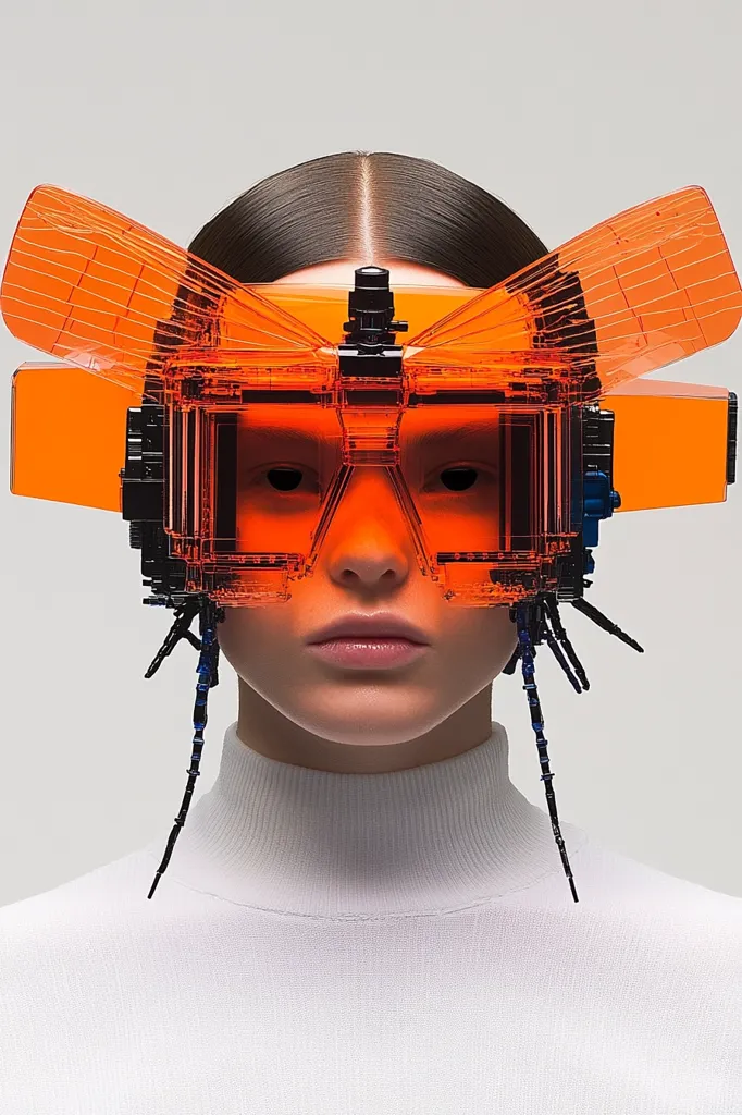 Here's a description of the image:

The image shows a close-up of a person wearing a striking, futuristic headpiece. The headpiece is predominantly bright orange and translucent, with a complex, almost insectoid design featuring intricate geometric shapes and what appear to be articulated parts.  The structure extends outward on either side, resembling wings. Black accents are incorporated throughout the design. The person wears a simple white turtleneck sweater, providing a stark contrast to the vibrant headpiece. The overall effect is one of high-fashion, avant-garde, and a slightly unsettling blend of technology and nature.