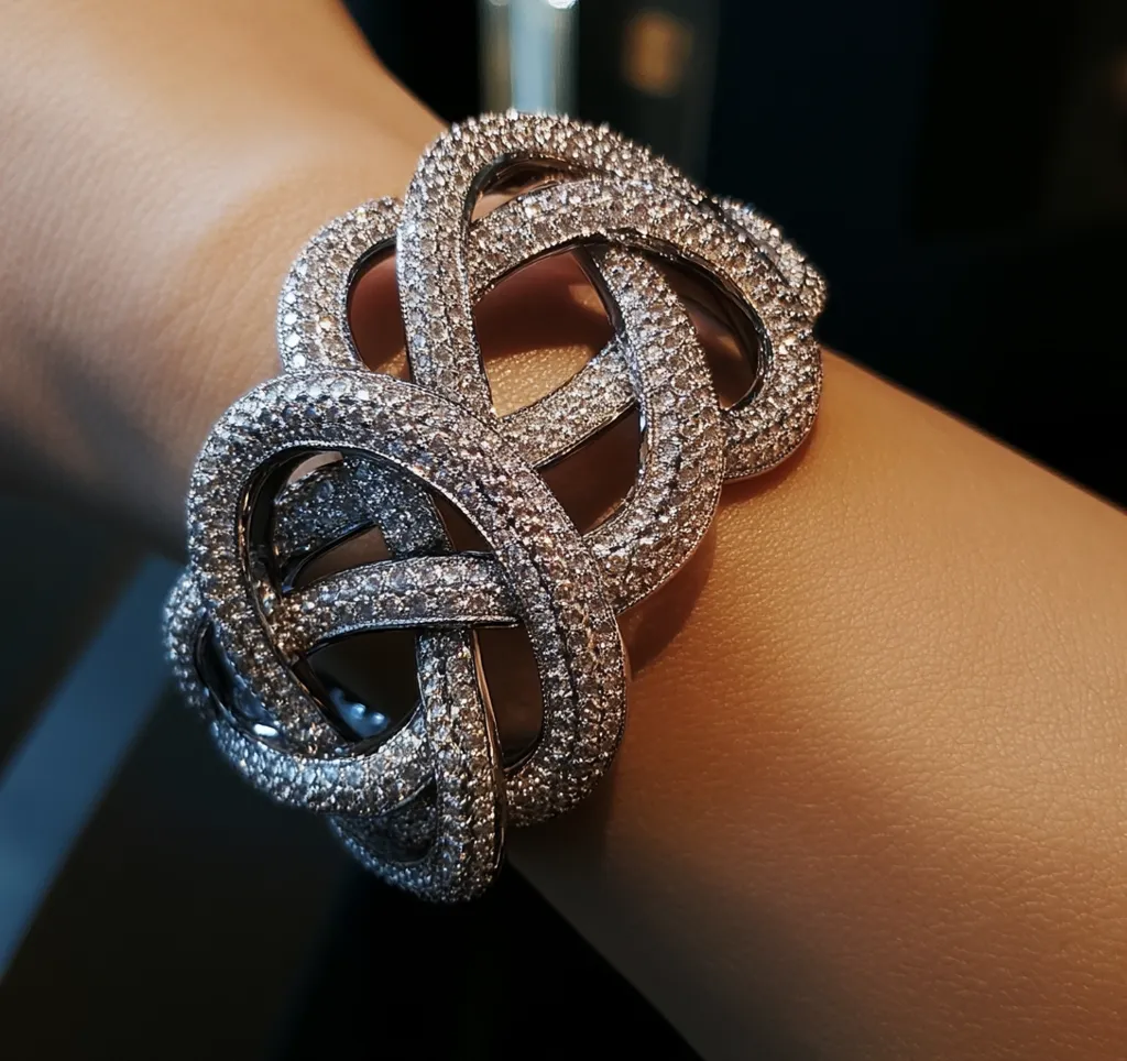 Here's a description of the image:

Close-up view of a luxurious diamond bracelet adorning a fair-skinned wrist. The bracelet features an intricate, interwoven design resembling a knot or Celtic pattern.  Numerous small, brilliant-cut diamonds are densely set within the metal framework, creating a dazzling sparkle. The metal appears to be platinum or white gold. The background is blurred, suggesting a display case or jewelry store setting. The overall impression is one of opulence and high-end craftsmanship.