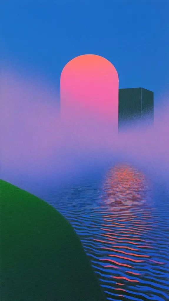 Here's a description of the image:

The image is a stylized, almost surreal landscape. A large, pinkish-orange sun, or sun-like form, dominates the upper portion of the scene, partially obscured by a hazy, purple-blue fog.  To the right, a dark rectangular structure emerges from the fog. Below, calm water reflects the colors of the sky and the sun, creating a rippling effect. A dark green hill or landmass occupies the lower left corner. The overall palette is cool and subdued, with a dreamlike quality. The scene is highly simplified in terms of shape and detail, hinting at a digital or minimalist artistic style.