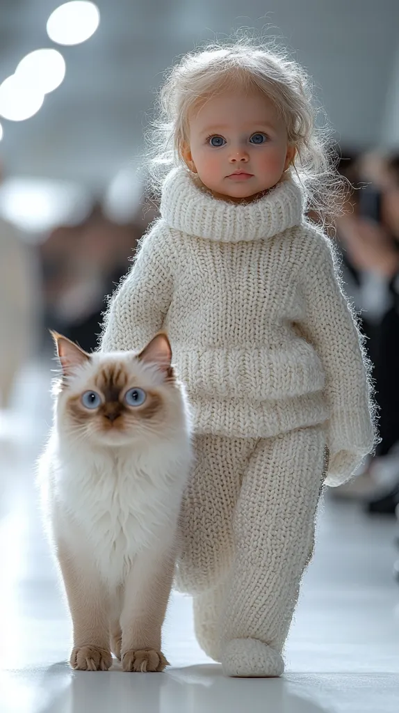 A toddler girl with blonde hair, wearing a cream-colored knitted sweater and pants set, stands alongside a fluffy Ragdoll cat.  The child's large blue eyes and the cat's striking blue eyes are the focal points of the image. The setting appears to be a fashion show or photoshoot, with a blurred background suggesting a runway or studio.  The overall aesthetic is soft, gentle, and charming.