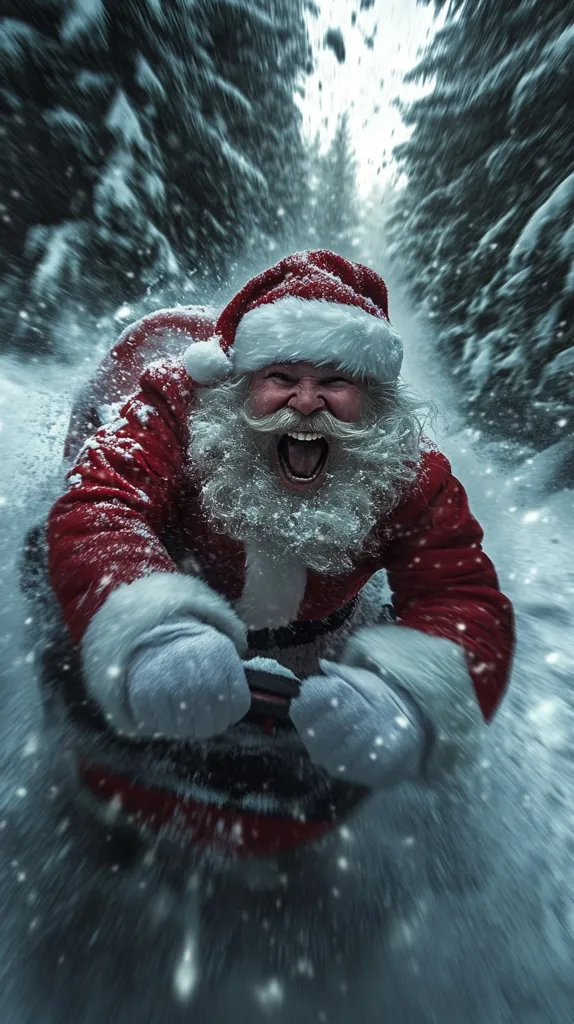 A roaring Santa Claus speeds down a snowy, forested path on a sled.  His red suit is dusted with snow, and his white beard is thick with it.  The background is a blur of motion, showcasing the speed of his descent.  His expression is wild and joyful, a stark contrast to the traditional calm image of Santa. The overall effect is dynamic and exciting.