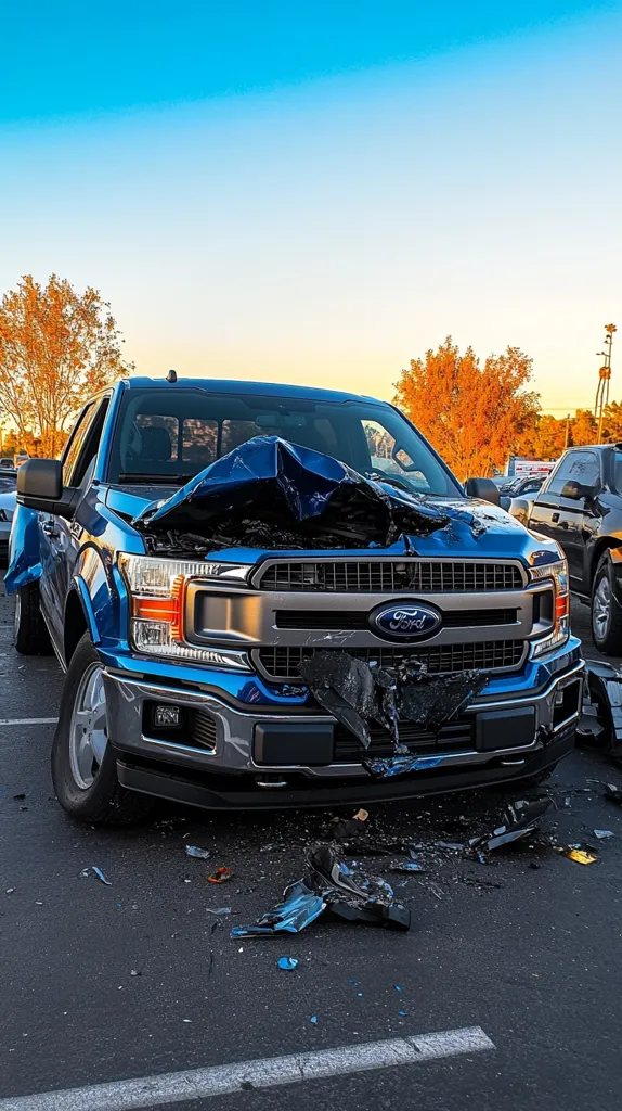 Here's a description of the image:

The photograph shows a severely damaged blue Ford F-150 pickup truck in a parking lot. The front end is heavily crumpled, with the hood and grill completely destroyed.  Scattered around the truck are pieces of broken plastic and metal, indicating the force of the impact.  The background shows a partly sunny sky, autumnal trees, and another vehicle slightly damaged, suggesting a collision occurred. The overall scene portrays the aftermath of a significant traffic accident.
