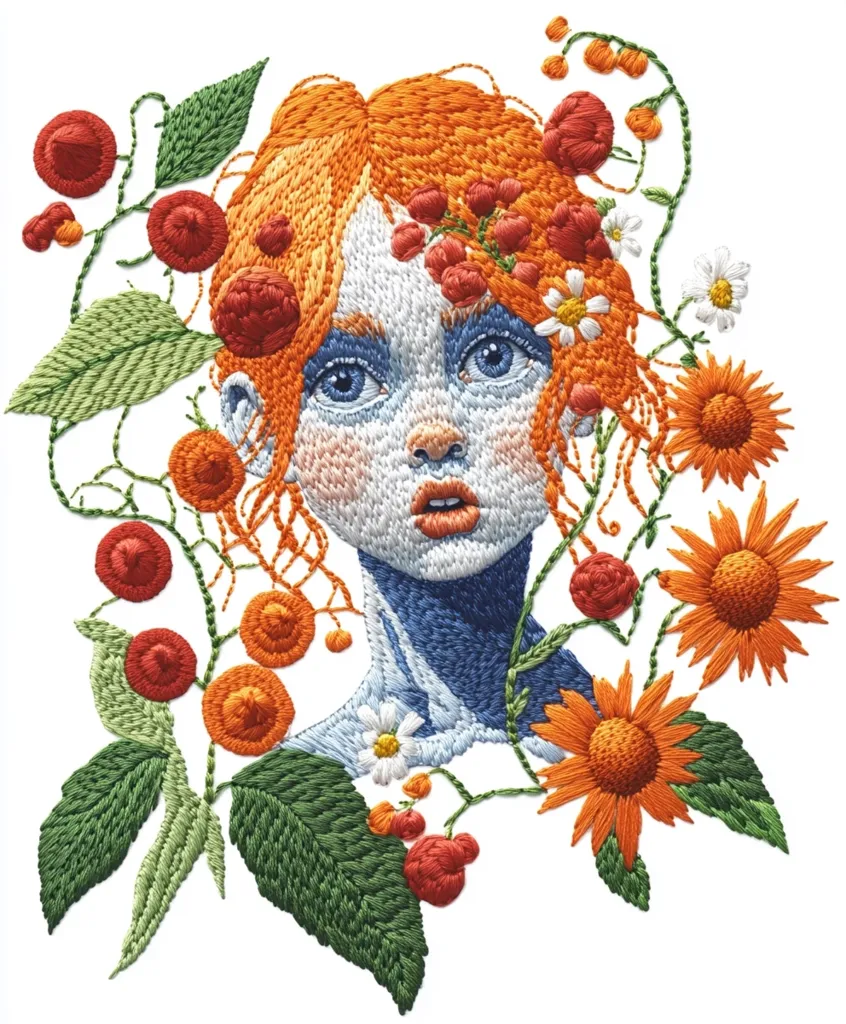 Here's a description of the image:

The image is a meticulously crafted piece of embroidery depicting a stylized portrait of a young woman with vibrant orange hair.  Her skin is rendered in shades of blue and white, giving her an ethereal quality.  She is surrounded by a profusion of embroidered flowers and leaves in oranges, reds, and greens, creating a wreath-like effect.  The flowers range from small berry-like blossoms to larger sunflowers, all rendered with incredible detail and texture. The overall style is whimsical and slightly surreal, with a focus on bold colors and fine stitching.