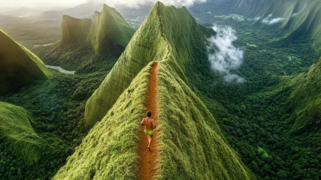 Here's a description of the image:

An aerial shot captures a person jogging along a narrow, dirt path that crests a lush, verdant mountain ridge.  The path is sharply defined, splitting the ridge into two steep, grassy slopes.  Below, a deep valley unfolds, densely forested in various shades of green, with a river snaking through the landscape.  Patches of mist cling to the valley, adding to the scene's dramatic beauty. The overall impression is one of remoteness, adventure, and breathtaking natural splendor.