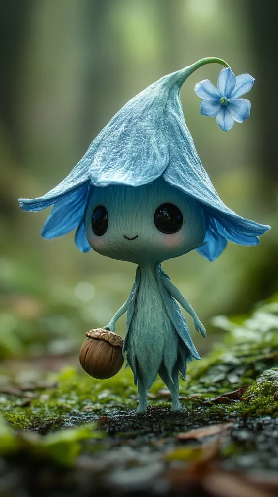 A charming, digitally rendered creature stands in a mossy forest.  Its body is pale blue, resembling a tiny, soft humanoid with large, expressive eyes.  A blue flower-like cap adorns its head, and it carries a brown acorn.  The background is softly blurred, focusing attention on the endearing figure and its woodland setting.  The overall aesthetic is whimsical and peaceful.
