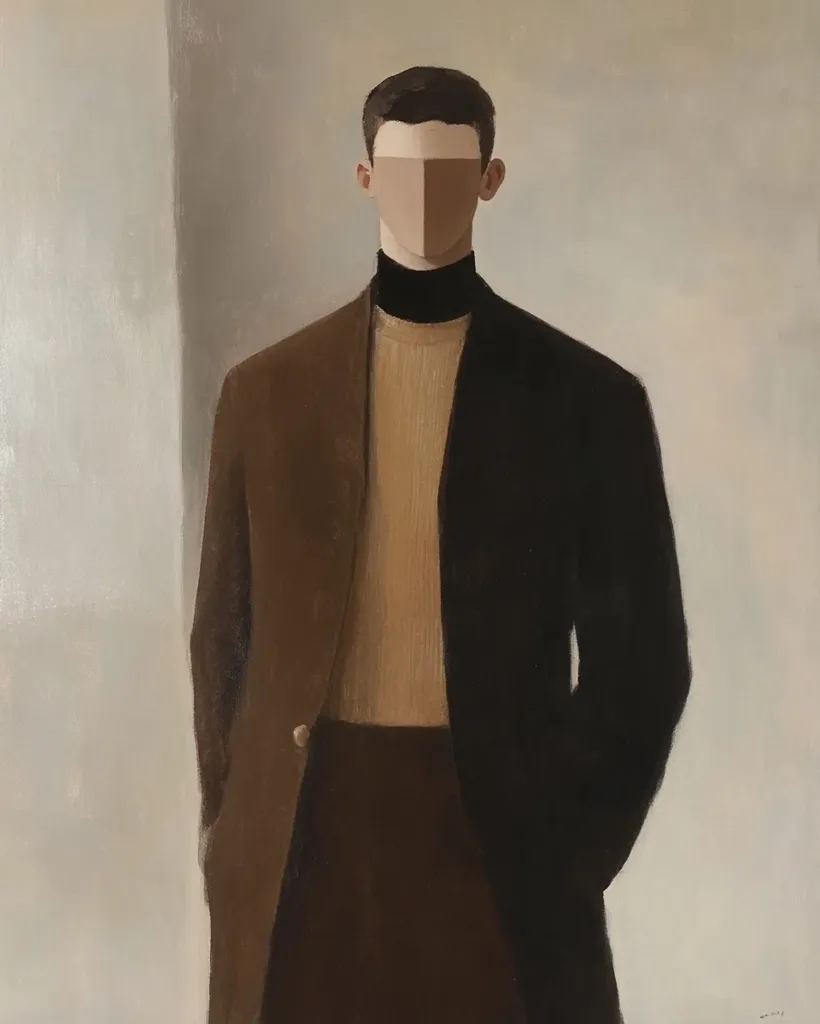 The painting depicts a stylized portrait of a man, his face obscured by a beige and brown geometric mask. He is dressed in earth tones; a brown overcoat worn over a beige turtleneck and dark brown trousers. The figure stands in profile against a muted background, suggesting a sense of anonymity and quiet contemplation. The muted color palette and the lack of facial features heighten the painting's air of mystery. The style is reminiscent of modern portraiture, with a focus on form and color over realistic detail.
