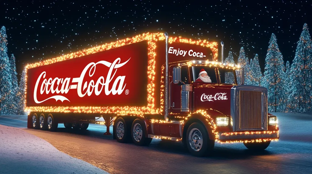 A festive Coca-Cola semi-truck, adorned with twinkling lights, drives through a snowy landscape.  Santa Claus sits at the wheel, smiling. The truck's trailer displays the iconic Coca-Cola logo.  Rows of illuminated Christmas trees line the background under a starry night sky, creating a magical, Christmas-themed scene. The overall impression is one of holiday cheer and Coca-Cola's association with Christmas traditions.
