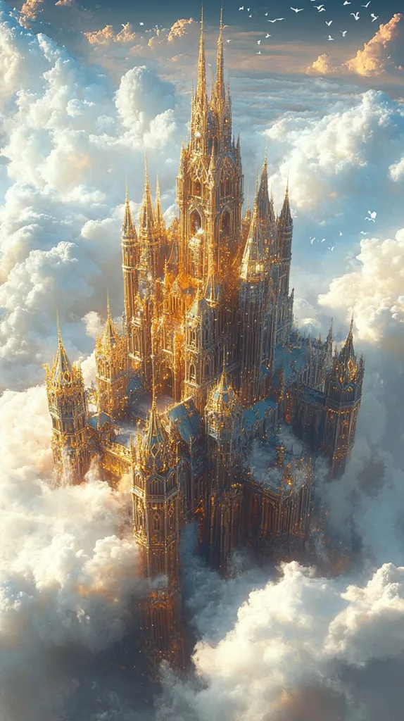 A breathtaking, golden castle, intricately designed with Gothic spires and detailed architecture, floats amidst fluffy white clouds.  The castle is bathed in a soft, ethereal light, giving it a magical, almost otherworldly quality.  Birds fly in the distance, adding to the dreamlike atmosphere. The scene evokes a sense of wonder and fantasy, like something from a fairytale.
