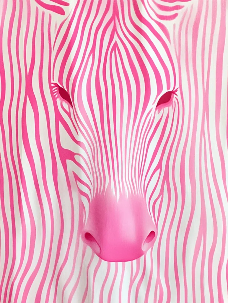 Here is a description of the image:

Close-up view of a stylized pink zebra. The image is a highly saturated, almost surreal depiction of a zebra's face and upper body. The characteristic black stripes of a zebra are replaced with bold, vibrant pink stripes on a white background. The pink is consistent and evenly applied, creating a smooth, almost glossy effect. The focus is on the zebra's nose and eyes, which are rendered with a smooth, rounded form. The overall effect is one of playful unconventionality and bold color.