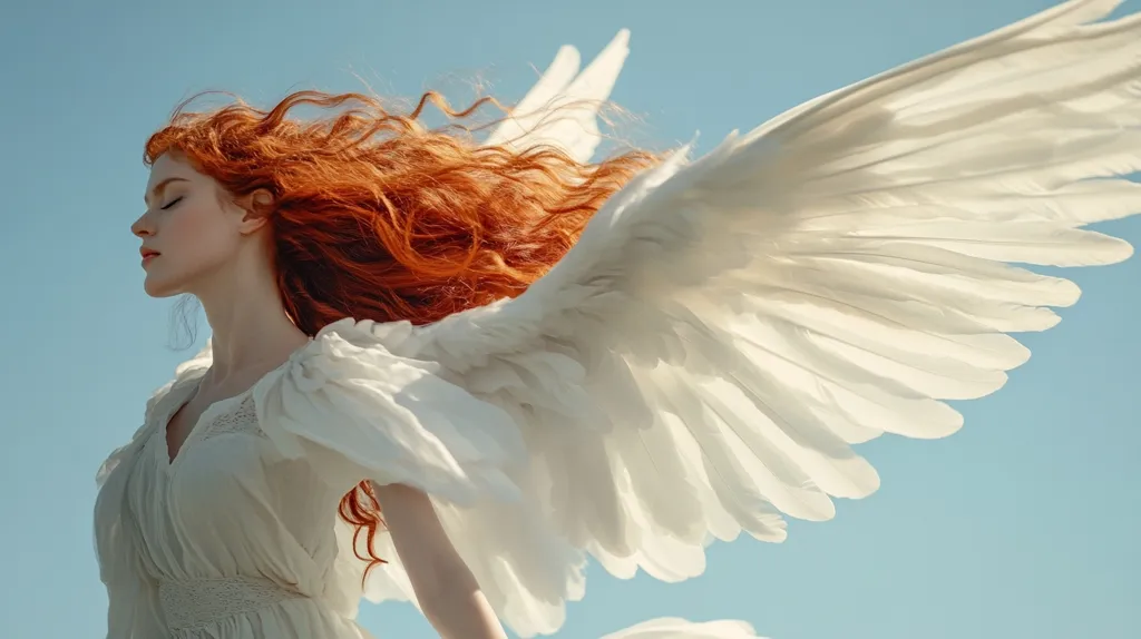 Against a pale blue sky, a young woman with vibrant, long red hair is depicted with large, white angelic wings extending from her back.  She wears a flowing, off-white,  lace-trimmed gown. Her eyes are closed, and her head is tilted slightly upward, suggesting serenity and perhaps flight. The image evokes a sense of ethereal beauty and freedom. The contrast between her fiery hair and the soft wings creates a visually striking effect.