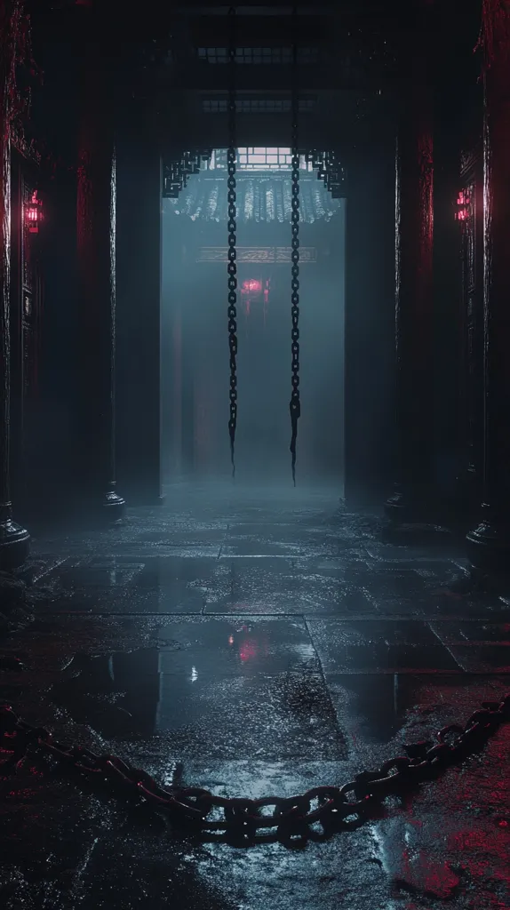 Here's a description of the image:

The image depicts a dark, atmospheric hallway within a structure of Eastern Asian architectural style.  Two heavy chains hang down from the ceiling, ending near the wet, reflective floor.  The hallway is shrouded in mist or fog, adding to the mysterious and ominous mood. Dim, reddish lighting emanates from unseen sources, casting a moody glow on the dark stone walls and floor. A long chain lies on the ground, adding to the sense of confinement or foreboding. The overall aesthetic is dark, mysterious, and evocative of a scene from a fantasy film or video game.