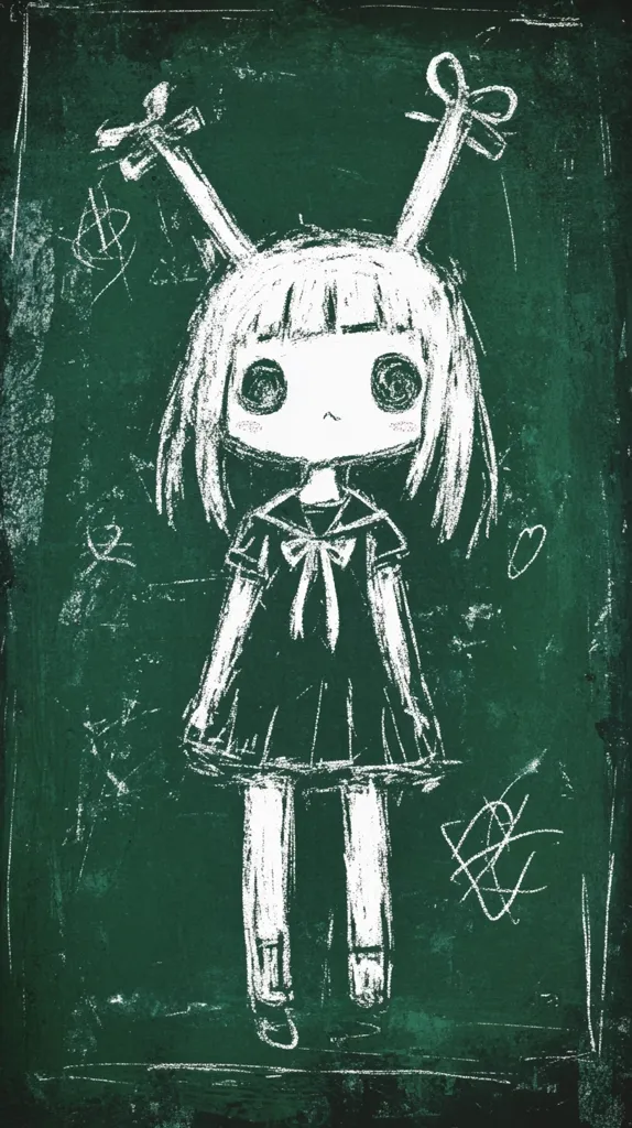 The image is a stylized drawing of a young girl, seemingly created with chalk on a dark green chalkboard. She has large, expressive eyes and wears a short, dark dress with a sailor collar. Two whimsical, antler-like appendages sprout from her head. The drawing style is reminiscent of children's artwork, yet incorporates a slightly eerie or melancholic undertone. The background is textured, contributing to the overall impression of a sketch hastily done on a blackboard.  Scratches and random markings surround the figure, adding to its whimsical and slightly unsettling character.