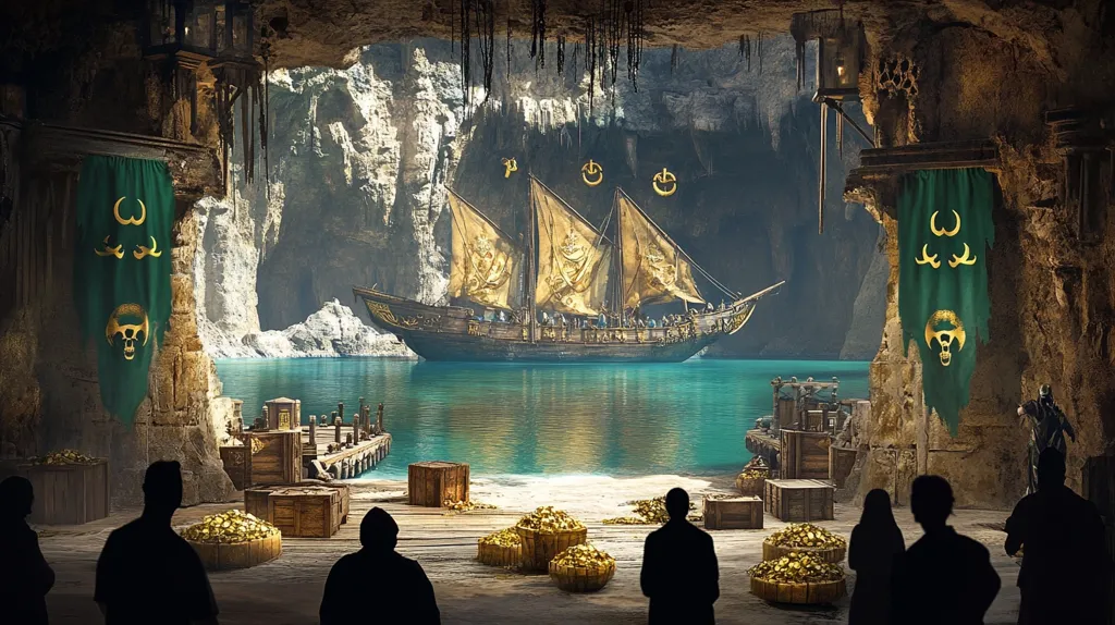 The image depicts a hidden cove, possibly a pirate's lair, within a large cave. A golden-sailed galleon rests in the calm, turquoise water, visible through a cavern opening.  The cave's interior is dimly lit, showing wooden structures, crates piled with gold coins, and green banners bearing a skull and horns symbol.  Silhouetted figures stand in the foreground, observing the treasure and ship, creating a sense of mystery and adventure. The overall atmosphere is one of secrecy and untold riches.