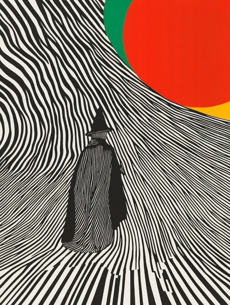 The image is a striking piece of graphic art. A figure, cloaked and wearing a pointed hat, walks across a landscape dominated by bold, black and white curving stripes that create a sense of depth and movement.  In the upper right, a vibrant red circle, partially overlaid with green and yellow, adds a pop of color against the monochrome backdrop. The contrast between the figure's simplicity and the dynamic, almost hypnotic lines creates a captivating visual tension.  The overall style suggests a blend of art deco and surrealism.