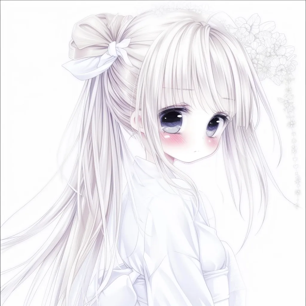 The image shows a young anime girl with long, flowing white hair styled in a high ponytail with a white bow.  She has large, expressive eyes, rosy cheeks, and a slightly melancholic expression. She's dressed in a simple, elegant white kimono-style garment. The background is soft and white, with a faint suggestion of floral designs. The overall style is delicate and ethereal, emphasizing soft lines and pastel tones.