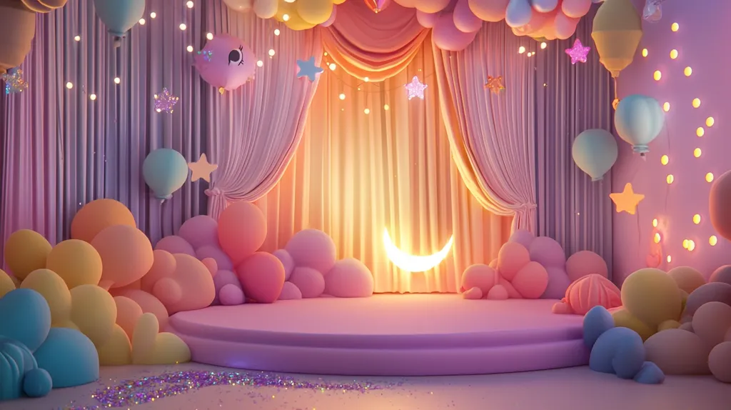 A whimsical, pastel-colored scene features a circular stage bathed in warm light.  Peach-colored curtains frame the stage, which is adorned with fluffy pastel clouds and balloons.  A glowing crescent moon hangs center stage.  The background is a soft purple, punctuated by fairy lights and star-shaped decorations, creating a dreamy, enchanting atmosphere, reminiscent of a child's fantasy.  The overall effect is light, airy, and incredibly sweet.