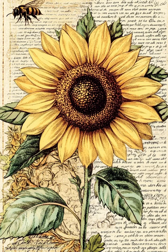 A large, detailed sunflower dominates the image, its vibrant yellow petals contrasting with the aged, sepia-toned background.  The background is a collage of antique-looking handwritten text and faded botanical sketches, giving the overall piece a vintage, almost scrapbook-like feel. A bee is delicately positioned above the sunflower, adding a natural element to the composition. The style is reminiscent of botanical illustrations from a bygone era.