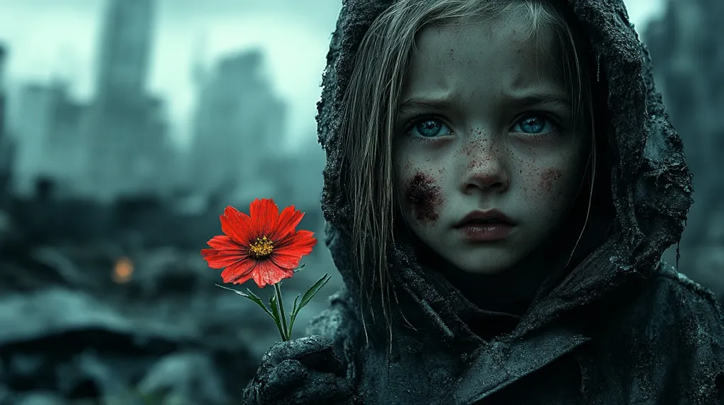 Here's a description of the image:

The image depicts a young girl, her face streaked with dirt and blood, solemnly holding a single vibrant red flower. She's cloaked in dark, mud-caked clothing, a hooded garment shielding her from a bleak, post-apocalyptic backdrop.  The background is blurred but shows a cityscape reduced to rubble, hinting at devastation.  The contrast between the girl's grim appearance and the bright flower creates a poignant and powerful image, suggesting resilience, hope, or perhaps the beauty found amidst destruction.