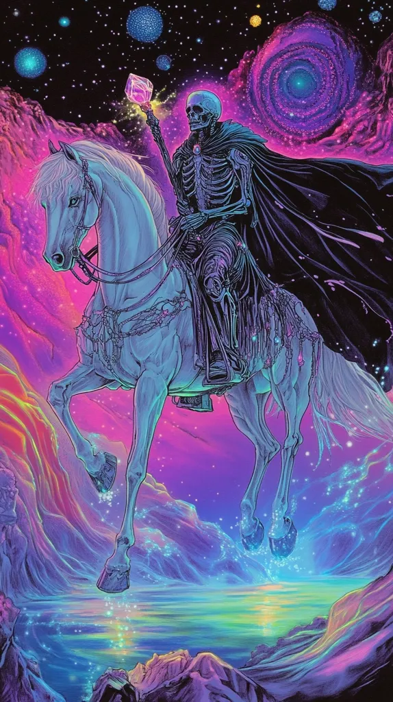 Here's a description of the image:

The artwork depicts a skeletal figure, cloaked and resembling a grim reaper, riding a luminous white horse across a surreal, cosmic landscape.  The scene is bathed in vibrant, psychedelic hues of purple, pink, and teal.  The background features swirling nebulae, stars, and distant planets. The horse appears ethereal, its hooves sparking as it gallops above a shimmering body of water. The skeletal rider holds a staff topped with a glowing crystal, adding to the mystical and otherworldly ambiance.  The overall style suggests a blend of fantasy, psychedelic art, and possibly a touch of dark fantasy.