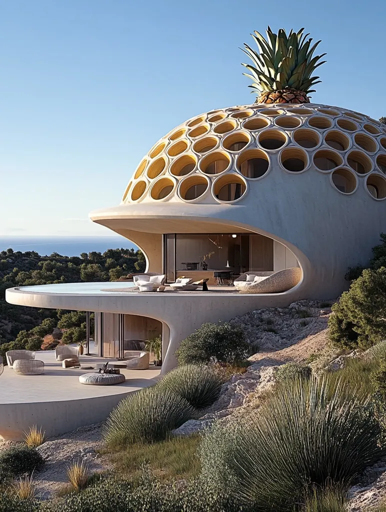 Here is a description of the image:

A futuristic, dome-shaped house, resembling a giant pineapple with its crown on top, sits atop a cliff overlooking a calm sea.  The structure is light beige concrete with numerous circular openings acting as windows. The house features a curved, open-plan interior visible through large glass panels.  An infinity pool extends from the main structure, seamlessly integrating with the surrounding landscape.  The exterior is complemented by drought-tolerant landscaping. The overall aesthetic is modern, minimalist, and playfully whimsical.