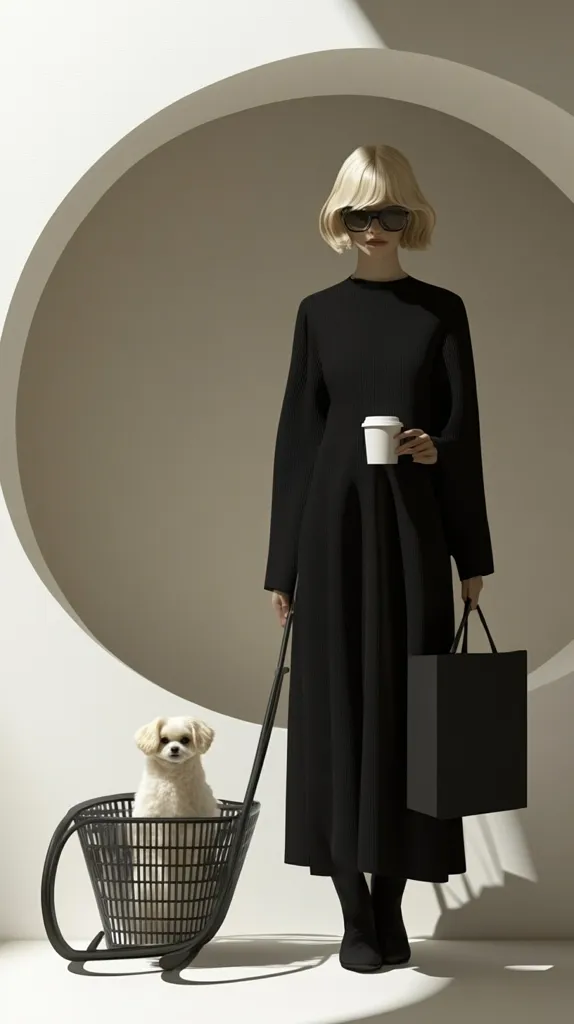 A stylish blonde woman in a long black dress and sunglasses stands against a minimalist backdrop. She holds a coffee cup in one hand and a black shopping bag in the other.  A small white dog sits in a dark, slatted, basket-like carrier on a wheeled stand next to her.  The overall aesthetic is chic and monochromatic, with strong geometric lines and soft lighting. The image suggests a modern, sophisticated lifestyle.