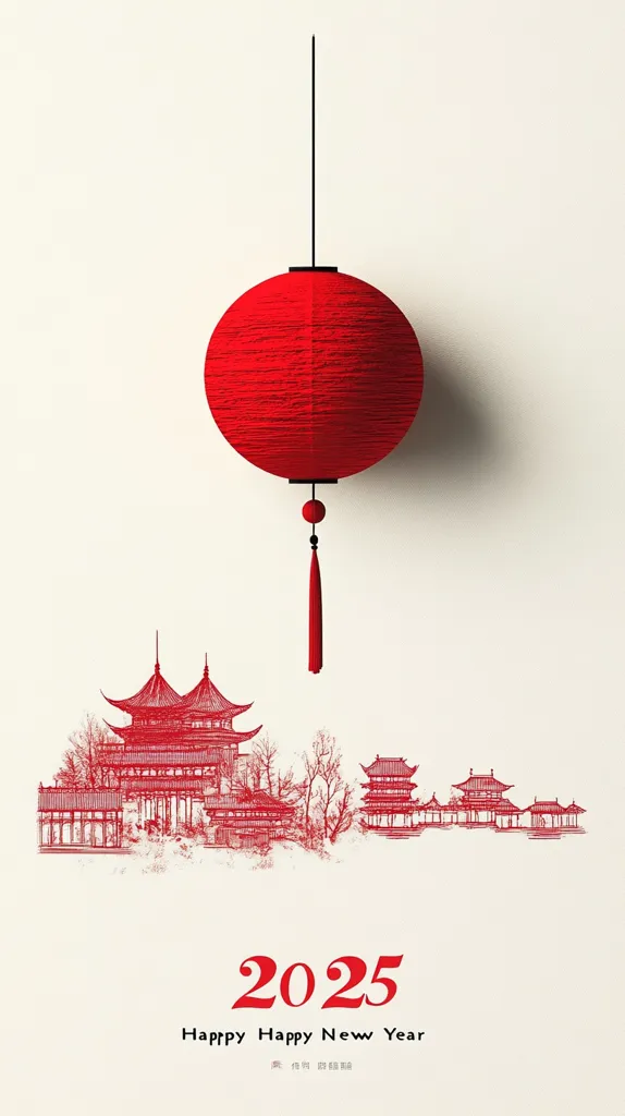 Here's a description of the image:

The image is a minimalist New Year's greeting for 2025.  A large, red Chinese lantern hangs from the top, its tassel extending downward. Below, a sketched cityscape of traditional Chinese architecture is depicted in red ink, suggesting a peaceful and serene setting. The year "2025" is prominently displayed, with "Happy Happy New Year" written beneath, followed by smaller, likely Chinese characters. The overall aesthetic is clean, elegant, and evocative of Chinese culture and the upcoming new year.
