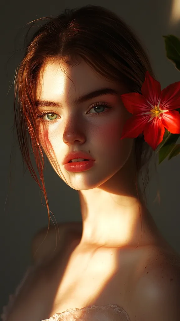 A young woman with auburn hair and green eyes is the focus of a digitally created portrait.  Sunlight illuminates one side of her face and shoulders, highlighting her freckled skin.  A vibrant red flower rests near her ear, adding a touch of color and natural beauty to the composition. Her expression is serene and captivating.