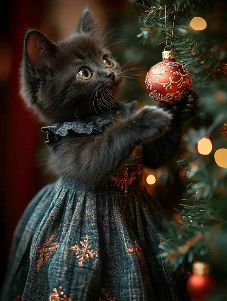 Here's a description of the image:

A charming black kitten, adorned in a teal dress embellished with gold snowflakes, reaches towards a red Christmas ornament hanging on a decorated tree.  The kitten's curious gaze is directed upward, its paws gently touching the bauble. The background features warm, blurred Christmas lights creating a festive ambiance. The overall image is soft, warm, and evokes a sense of holiday cheer.
