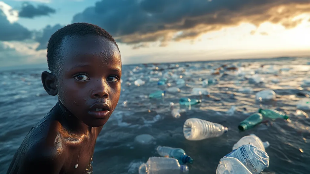 Here's a description of the image:

The photograph centers on a young Black boy, his dark eyes filled with a somber expression, as he gazes directly at the camera.  He's wet, his skin glistening, and he appears to be standing in shallow water. The background is dominated by a vast expanse of ocean littered with a dense accumulation of plastic bottles and debris, stretching to the horizon under a dramatic, partly cloudy sky. The contrast between the boy's innocent face and the polluted environment creates a poignant image highlighting the impact of environmental issues on children. The setting sun casts a warm glow on the scene.