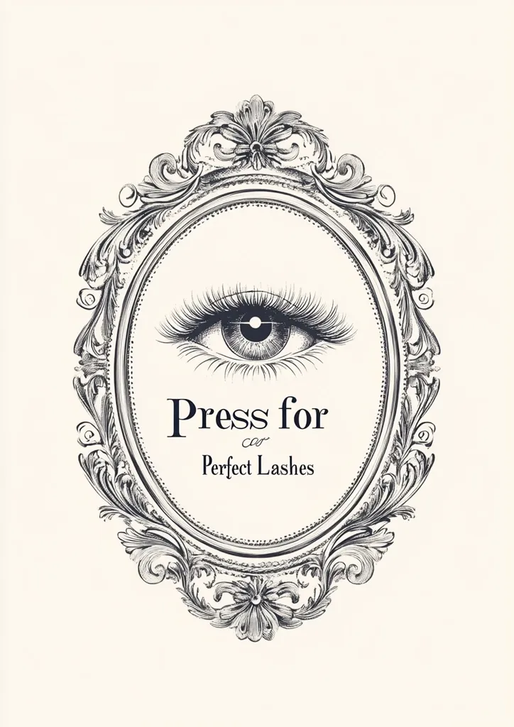 Here's a description of the image:

The image is a stylish logo design featuring a meticulously drawn eye with long, luscious lashes.  The eye is centrally positioned within an ornate, oval-shaped frame reminiscent of a vintage mirror or painting. The frame is highly detailed with swirling, baroque-style flourishes and scrolls. Below the eye, the text "Press for Perfect Lashes" is elegantly displayed. The overall aesthetic is monochrome, using shades of gray on a cream background, lending a sophisticated and slightly vintage feel.