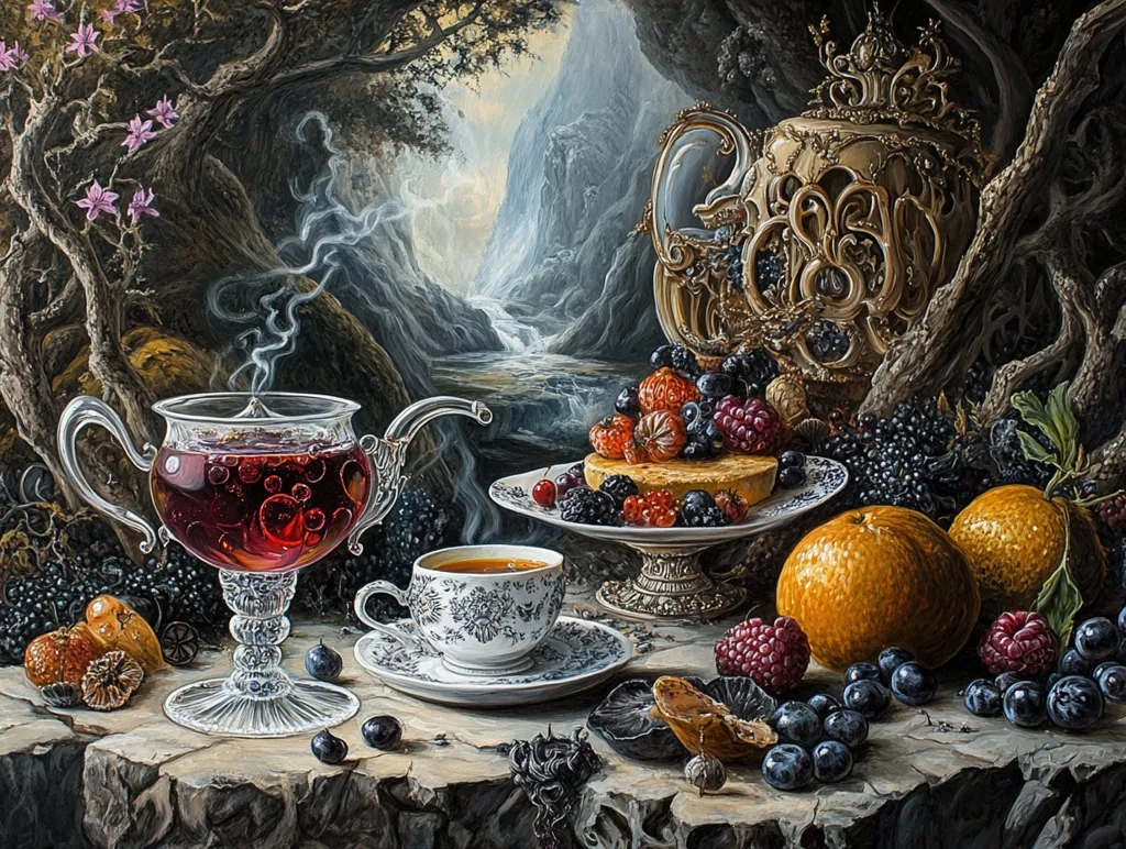 Here's a description of the image:

The painting is a still life depicting a lavish tea scene set against a mystical backdrop. A steaming glass goblet of dark red liquid, possibly tea or wine, takes center stage.  Beside it sits a delicate teacup and saucer. A silver cake stand laden with a tart topped with berries rests nearby, surrounded by oranges, raspberries, and blueberries.  An ornate golden teapot, seemingly antique and jewel-encrusted, is partially visible in the background.  The setting is fantastical, with gnarled trees and a misty mountain valley providing a dramatic contrast to the refined tea service. The overall style is hyperrealistic, with meticulous detail in every element.