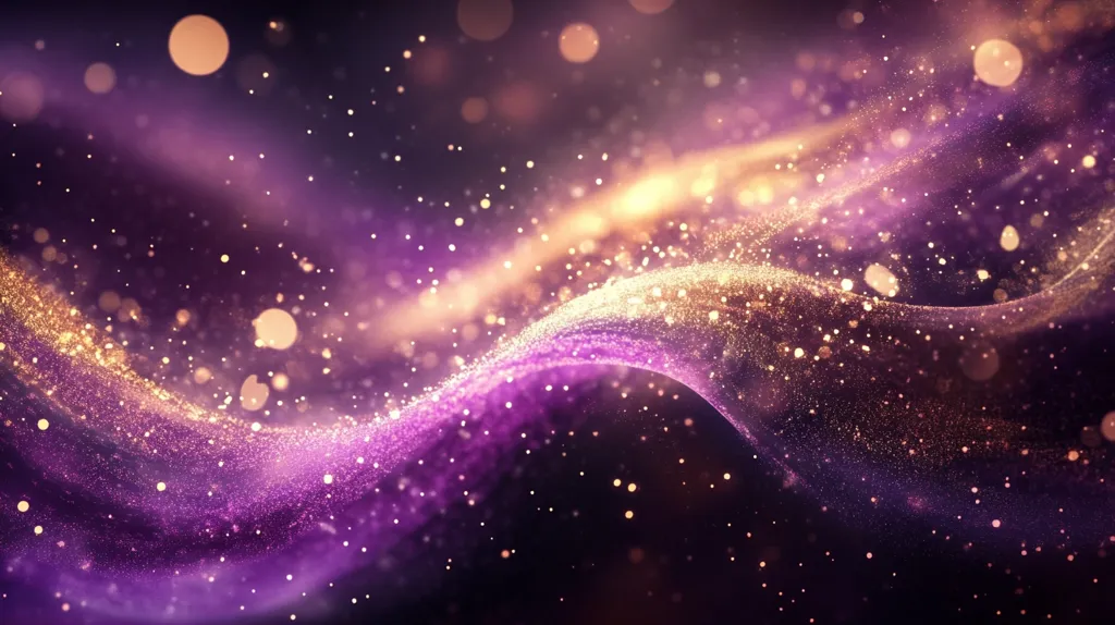 The image is an abstract depiction of a flowing, shimmering substance.  It's primarily deep purple and gold, with a wave-like form that curves across the frame.  Countless tiny particles, like glittering dust or stardust, create a sense of movement and luminosity.  Soft, out-of-focus bokeh lights in warm gold and orange tones enhance the ethereal, magical quality, creating a luxurious and dreamy atmosphere.
