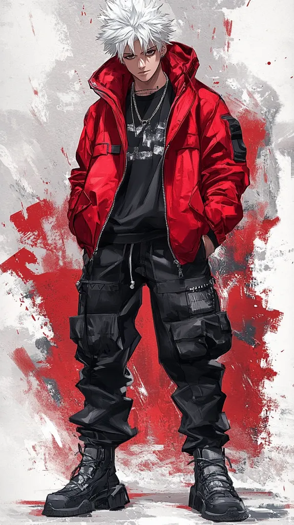 The illustration depicts a stylized anime-esque male character with spiky white hair, clad in a vibrant red bomber jacket and dark cargo pants.  His attire is complemented by chunky black boots and layered necklaces. The background features a dynamic splash of red and grey paint strokes, adding a sense of energy and movement to the otherwise still figure. The character's expression is serious, conveying a sense of cool confidence.