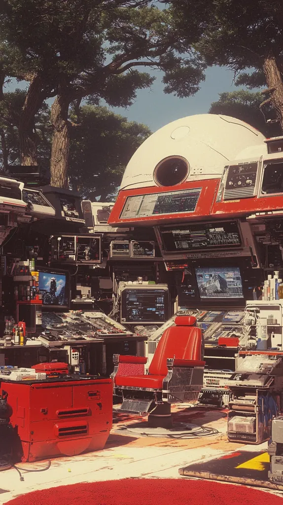 Here's a description of the image:

The image depicts a cluttered, retro-futuristic workspace outdoors, partially shaded by large trees. The central feature is a large, dome-shaped device with red and white panels, resembling a control center or spaceship component.  Surrounding it are numerous computer monitors, keyboards, and other technological equipment, all in a vintage style. A vibrant red barber's chair sits in the foreground, adding a touch of unexpected domesticity. The overall aesthetic blends elements of 1970s design with science fiction, creating a surreal and intriguing scene.  The red floor adds to the vibrant color scheme.
