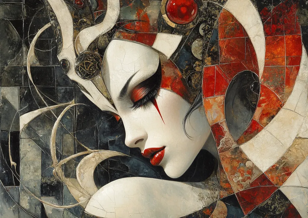 A captivating painting showcases a woman's face, partially obscured by an intricate, abstract headdress.  The headdress features a mosaic of red, white, and black geometric shapes, creating a striking contrast with the woman's pale skin and dark, expressive eyes.  A single red tear flows from her eye, adding a poignant element to the overall composition.  The style blends realism with abstract expressionism, creating a powerful and evocative image. The background is a dark, textured blend of similar colors, emphasizing the central figure.