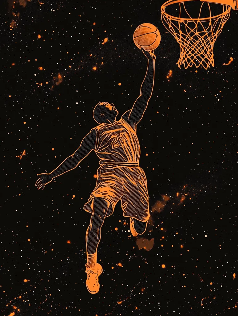 Here's a description of the image:

The image is a stylized illustration of a basketball player executing a dunk against a backdrop of a dark, star-filled space.  The player, depicted in an orange, almost etched style, is silhouetted against the cosmic background.  His form is dynamic, capturing the energy of the moment. The basketball hoop, also orange, is partially visible in the upper right corner. The overall effect is dramatic and evocative, combining the athleticism of basketball with the vastness of space. The orange color stands out vividly against the black.