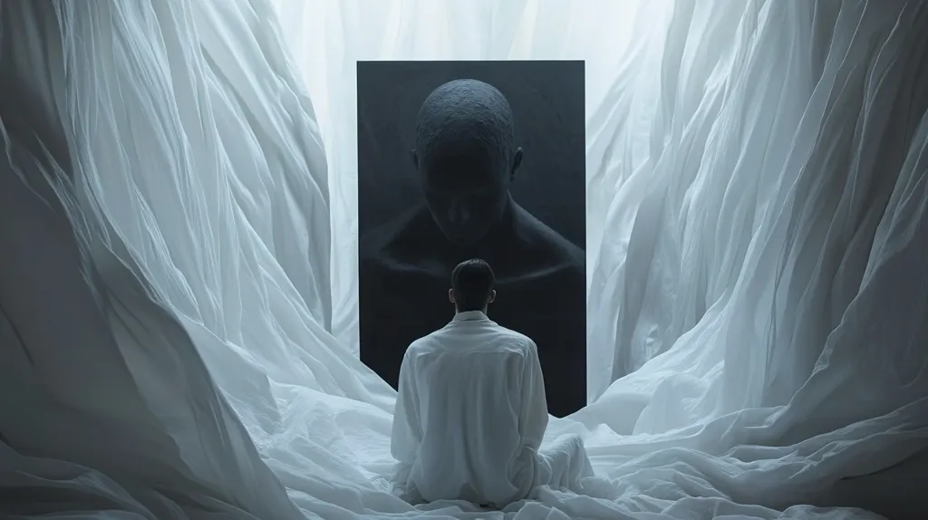 Here is a description of the image:

The image shows a man in a white, loose-fitting shirt sitting with his back to the viewer, facing a large, dark, sculpted head on a black rectangular canvas. The man is positioned in a serene, meditative posture.  The background is filled with flowing, white fabric, creating a soft, ethereal atmosphere. The contrast between the dark sculpture and the light-colored clothing and background emphasizes a sense of contemplation or introspection. The overall mood is one of mystery and quiet reflection.