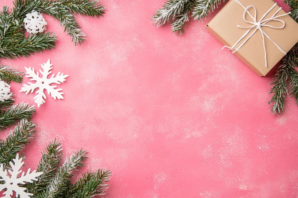 Here's a description of the image:

A festive pink background is adorned with sprigs of snow-dusted evergreen, creating a border.  White decorative snowflakes and pinecones are interspersed among the greenery.  A rustic, brown gift, tied with twine, rests on the upper right, adding a touch of holiday charm.  The overall aesthetic is simple yet elegant, suggesting a Christmas or winter-themed design. The ample pink space in the center leaves room for text or other design elements.