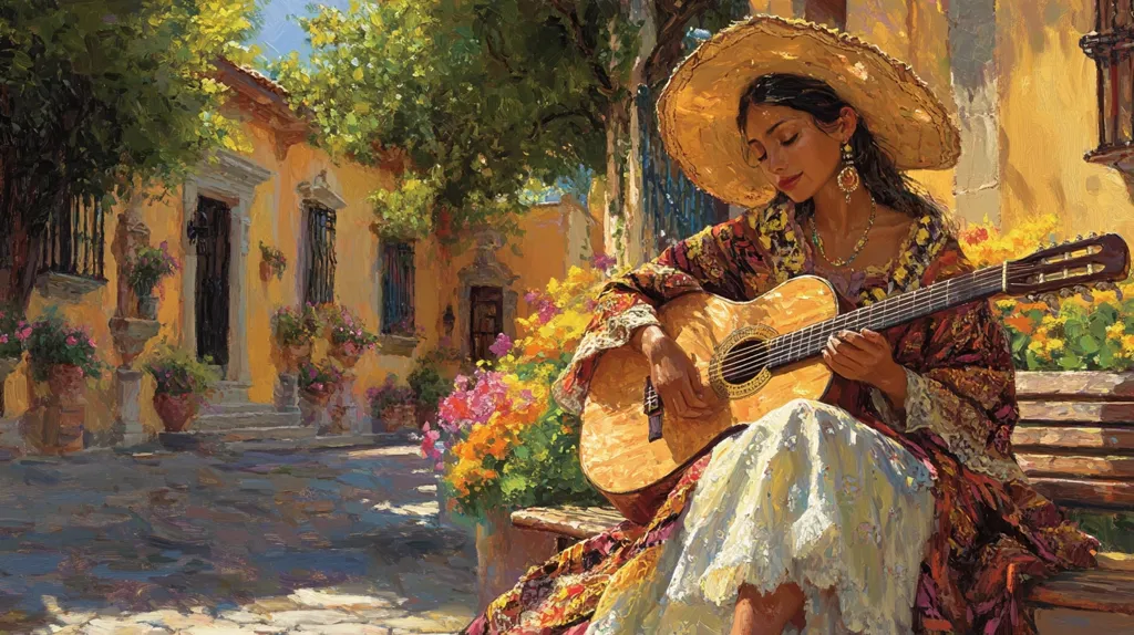 Here's a description of the image:

The painting depicts a young woman, wearing a large straw hat and a vibrant, patterned robe, seated on a park bench.  She serenades the sun-drenched, flower-filled courtyard with a classical guitar.  The woman’s expression is serene and focused on her music. The architecture suggests a Spanish or Mexican setting, with warm-colored buildings, potted plants, and a cobblestone walkway.  The artist uses a painterly style with visible brushstrokes, creating a warm, inviting atmosphere.  The sunlight bathes the scene in a golden light.
