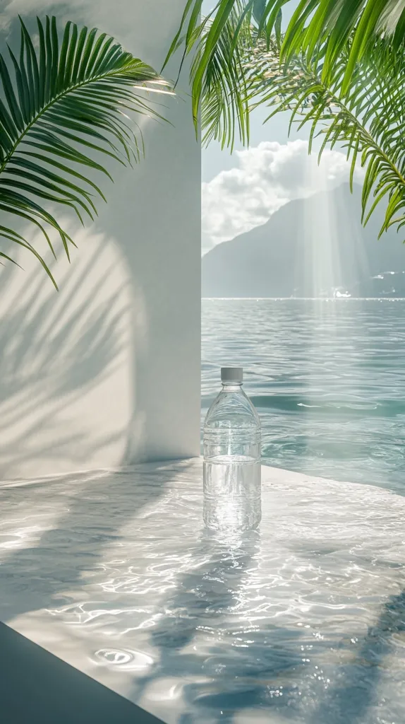 Here's a description of the image:

A tranquil scene unfolds: a clear plastic water bottle rests on a light-colored surface, possibly marble or a similar material, mimicking the gentle ripples of water.  Palm fronds frame the right and left sides of the image, casting dappled shadows on the surface. Beyond, a serene body of water stretches to a distant mountain range under a partly cloudy sky; sunbeams pierce the clouds. The overall aesthetic is minimalist and calming, emphasizing natural light and clean lines.
