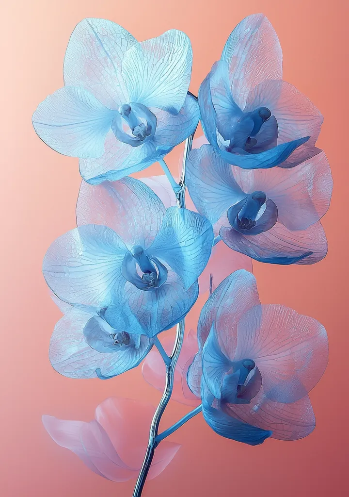 Here's a description of the image:

The image showcases a cluster of pale blue orchids, rendered with a translucent, almost ethereal quality.  Their delicate petals, veined with lighter shades, suggest fragility and lightness. The orchids are arranged on a slender, silver stem against a soft coral backdrop.  The overall effect is serene and dreamy, emphasizing the flowers' delicate beauty and graceful form.  A few lighter pink, translucent petals at the base further enhance the image's airy feel.