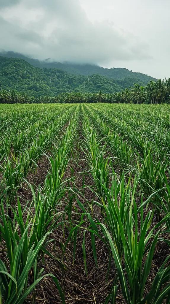 A verdant field of sugarcane stretches towards a lush, mountainous backdrop under a cloudy sky.  Rows of vibrant green stalks dominate the foreground, their long leaves reaching towards the overcast heavens.  A line of palm trees marks the transition between the cultivated field and the densely forested hills.  The overall atmosphere is serene and peaceful, conveying a sense of rural tranquility.